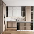 Modern Kitchen Interior With White And Wooden Cabinets Marble Countertop And Island
